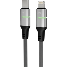 Avax Steely LED töltő- és adatkábel (fekete, USB-C - Lightning, 2 m, 27W, fonott, LED, akkuvédelem)