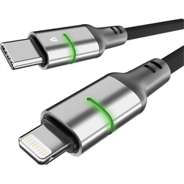 Avax Steely LED töltő- és adatkábel (fekete, USB-C - Lightning, 2 m, 27W, fonott, LED, akkuvédelem)
