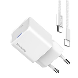 ColorWay AC töltő GaN Mini 25W (PD, PPS, USB-C, Type-C kábel, CW-CHS052PDC-WT, fehér)