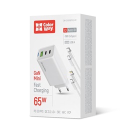 ColorWay GaN Mini AC töltő 65W (2x USB-C, 1x USB-A, PD/PPS, Type-C és Lightning kábel, fehér)