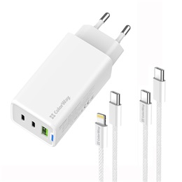 ColorWay GaN Mini AC töltő 65W (2x USB-C, 1x USB-A, PD/PPS, Type-C és Lightning kábel, fehér)
