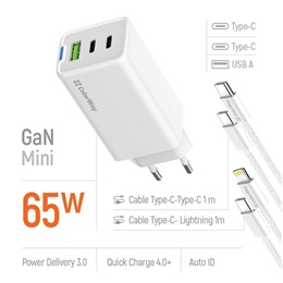 ColorWay GaN Mini AC töltő 65W (2x USB-C, 1x USB-A, PD/PPS, Type-C és Lightning kábel, fehér)