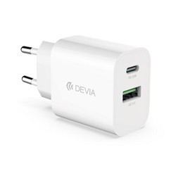 DEVIA SMART hálózati töltő USB+Type-C aljzat (5V/3A, 20W, PD gyorstöltő) fehér
