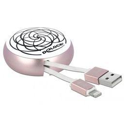 Delock USB-A 2.0 -> Lightning M/M adatkábel 0.46m fehér-rózsaszín visszahúzható