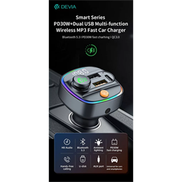 Devia C4S FM-transmitter/autós gyorstöltő 30W (Bluetooth 5.3, PD 30W, QC 18W, 2xUSB, AUX, MP3, fekete)