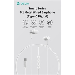 Devia Smart Series M1 Metal in-ear fülhallgató USB-C (mikrofon, 10 mm hangszóró, 120 cm kábel, fekete)