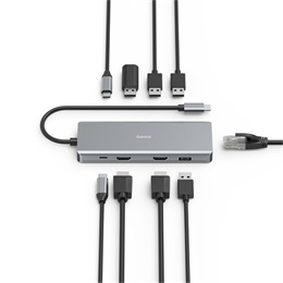 HAMA 00200142 USB hub (4x USB 3.1, 2x HDMI, Gigabit LAN, USB-C PD, MST, 4K, alumínium)