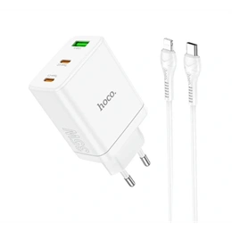 HOCO N33 hálózati töltő (35W, USB + 2 Type-C aljzat, PD 3.0 gyorstöltés, lightning kábel, fehér)