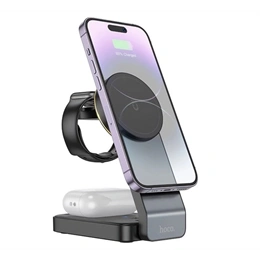Hoco CQ3 asztali töltőállvány 3in1 (15W, wireless, gyorstöltő, MagSafe, Apple watch töltő, fekete)