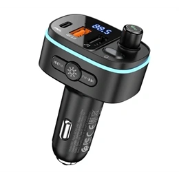 Hoco E62 bluetooth FM transmitter autós töltő (v5.0, Type-C PD 20W, USB-A 18W, 2x USB, pendrive lejátszás, LED kijelző,