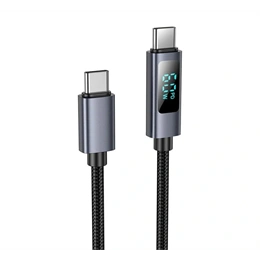 Hoco U112 adatkábel (type-c - type-c, 60W, PD gyorstöltő, LED kijelző, cipőfűző, 100cm, fekete)
