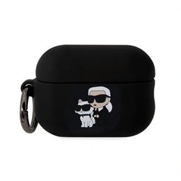 Karl Lagerfeld Apple AirPods Pro 2 szilikon tok (3D logó, Karl és Choupette, karabíner, prémium minőség, fekete)