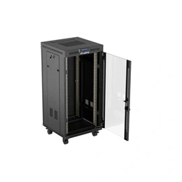 Lanberg 19" szabadon álló rackszekrény 24U (600x600, üvegajtó, lapraszerelt, LCD kijelző, fekete)