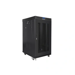Lanberg szabadon álló rackszekrény (19", 22U, 800x800 mm, perforált ajtó, lapraszerelt, LCD kijelző, fekete)