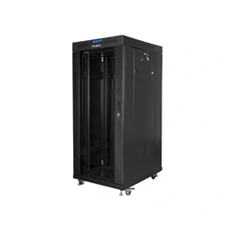 Lanberg szabadon álló rackszekrény (19", 27U, 600x800 mm, üvegajtó, lapraszerelt, LCD kijelző, fekete)
