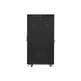 Lanberg szabadon álló rackszekrény (19", 27U, 600x800 mm, üvegajtó, lapraszerelt, LCD kijelző, fekete)