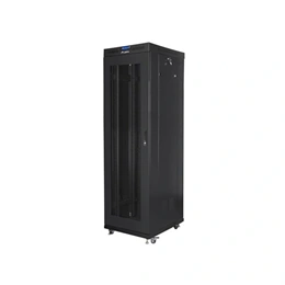 Lanberg szabadon álló rackszekrény (19", 42U, 600x800, perforált ajtó, lapraszerelt, LCD kijelző, fekete)