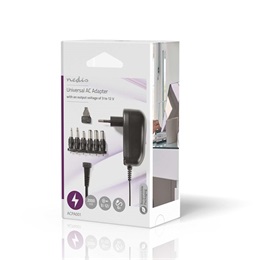 Nedis ACPA001 univerzális AC-DC tápegység (3-12 V DC, 12 W, 6 cserélhető dugó, 1,8 m, fekete)
