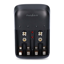 Nedis BACH07 akku töltő (AA/AAA, 9V; bemenet 230 V AC; kimenetek 2,3 V, 6,9 V, 13,8 V; töltőáram 600 mA; kapacitás 2,2-1