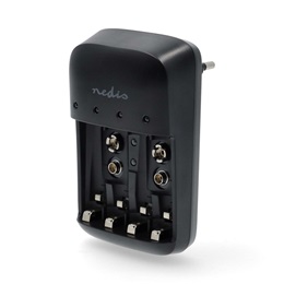 Nedis BACH07 akku töltő (AA/AAA, 9V; bemenet 230 V AC; kimenetek 2,3 V, 6,9 V, 13,8 V; töltőáram 600 mA; kapacitás 2,2-1
