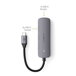 Nedis CCGB64220GY01 4 portos USB-C hub (USB-C dugó / 4x USB A 3.2 Gen1, 5 Gbps, 7,5 W, szürke)