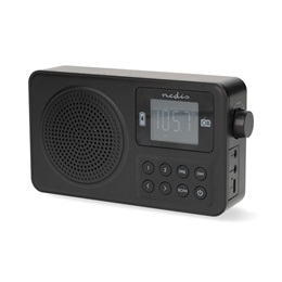Nedis RDFM2225BK bluetooth hordozható FM rádió (v5.3, 1900mAh belső akku, max. 10 óra, 1 W, USB-C, 3,5 mm, fekete)