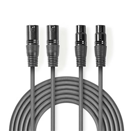 Nedis XLR audio kábel (2x XLR 3 tűs apa / 2x XLR 3 tűs anya, 1,5 m, szimmetrikus, sötétszürke)