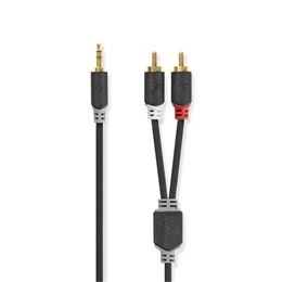 Nedis sztereó audió kábel (3,5 mm jack / 2x RCA, aranyozott csatlakozók, 1 m, antracit)