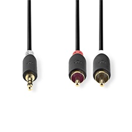 Nedis sztereó audió kábel (3,5 mm jack / 2x RCA, aranyozott csatlakozók, 1 m, antracit)