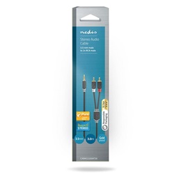 Nedis sztereó audió kábel 3 m (3,5 mm jack / 2x RCA, aranyozott csatlakozók, antracit)