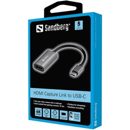 Sandberg HDMI Capture Link to USB-C (HDMI bemenet, USB-C kimenet, max 1080p/30 fps, USB táp 5V, MS2109)