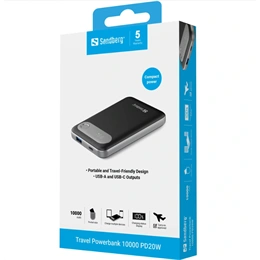 Sandberg Travel powerbank 10000 (10000 mAh, USB-C PD 20W, USB-A 22,5W, LCD kijelző, Li-polimer)