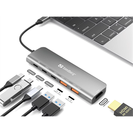 Sandberg USB-C dokkoló (HDMI, 2x USB-A, 2x USB-C, PD 100W, alumínium ház, 4K@60Hz)