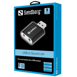 Sandberg USB to Sound Link hangkártya (stereo, 1 x 3,5 mm jack hangszóró és mikrofon, 44,1-48 kHz, SNR 22 dB)