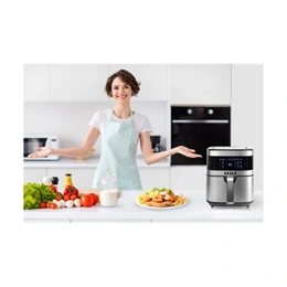 Tesla AirCook Q60 XL forró levegős sütő (6 l, 1500 W, 40-200 °C, 8 program, érintőképernyő, kivehető kosár, fekete, ezüs
