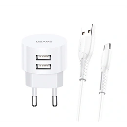 USAMS T20 hálózati töltő 2 USB aljzat (10w, QC gyorstöltés, Type-C kábel, fehér)