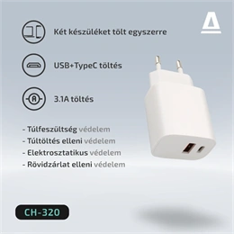 AVAX CH320 Speedy hálózati fali töltő USB + Type-C (20W, gyorstöltő, USB Type-A, USB Type-C, fehér)