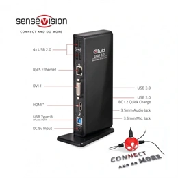 Club3D CSV-3242HD USB Gen1 dupla kijelzős dokkoló (HDMI, DVI-I, 4×USB2.0, 2×USB Gen1 Type-A, USB Type-B bemenet)