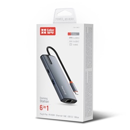 ColorWay CW-HUB03 USB-C dokkoló 6 az 1-ben (USB-C PD 100W, 3x USB 3.0, 1x USB 2.0, RJ45 Gigabit, sötétszürke)