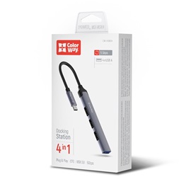 ColorWay USB-C elosztó CW-HUB04 (1x USB A 3.0, 3x USB A 2.0, USB-C bemenet, 0,12 m kábel, sötétszürke)