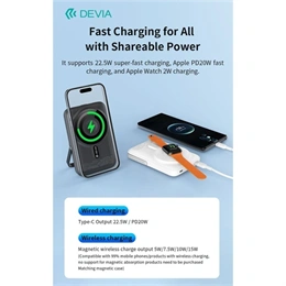 Devia Extreme Speed Magnetic PD powerbank 10000mah li-polimer (Type-C, Lightning, 22,5W PD, MagSafe, állvány, szürke)