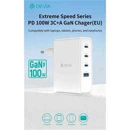 Devia Extreme Speed Series RCE-10001 hálózati adapter (USB-A + 3x USB-C, PD, 100W, GaN, fehér)