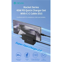 Devia Rocket ST111141 asztali töltő (45w, PD, QC, Type-C/Type-C kábel 1,5m, adatátvitel, fekete)