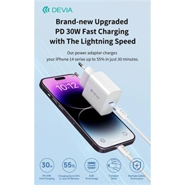 Devia Smart Series 30W GaN hálózati adapter (Type-C csatlakozó, Type-C és Lightning kábel 1 m, PD, QC, fekete)