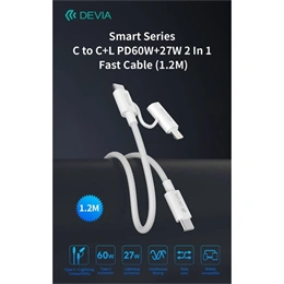 Devia Smart Series adat- és töltőkábel (C dugó / Lightning, C dugó / C dugó, 60 W + 27 W, PD, 1,2 m, fehér)