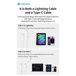 Devia Smart Series adat- és töltőkábel (C dugó / Lightning, C dugó / C dugó, 60 W + 27 W, PD, 1,2 m, fehér)