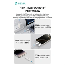Devia Smart Series adat- és töltőkábel (C dugó / Lightning, C dugó / C dugó, 60 W + 27 W, PD, 1,2 m, fehér)