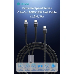 Devia Type-C - Type-C, Lightning adat- és töltőkábel (1,2 m, 60W+12W, fekete)