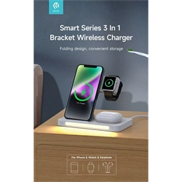 Devia asztali töltő 3in1 (15W, Qi, vezeték nélküli, mobiltelefon töltő, Apple watch töltő, AirPods töltő, 1m kábel, fehé