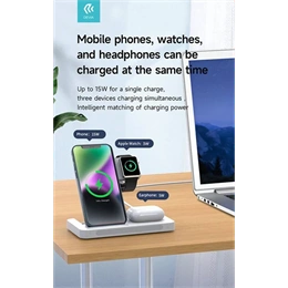 Devia asztali töltő 3in1 (15W, Qi, vezeték nélküli, mobiltelefon töltő, Apple watch töltő, AirPods töltő, 1m kábel, fehé